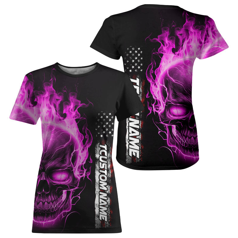 Custom Pink Flame Skull Bowling Women T-Shirts Shirts, Patriotic Bowling Halloween Outfit IPHW5279