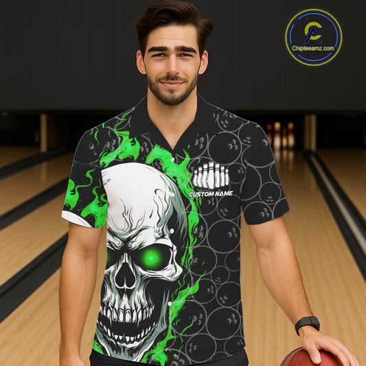Custom Green Flame Skull Bowling Hawaiian Shirt For Men And Women, Halloween Bowler Jerseys IPHW5008