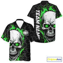 Load image into Gallery viewer, Custom Green Flame Skull Bowling Hawaiian Shirt For Men And Women, Halloween Bowler Jerseys IPHW5008