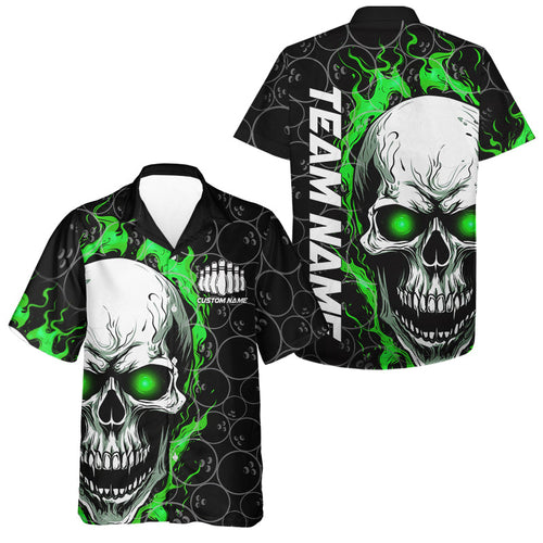 Custom Green Flame Skull Bowling Hawaiian Shirt For Men And Women, Halloween Bowler Jerseys IPHW5008
