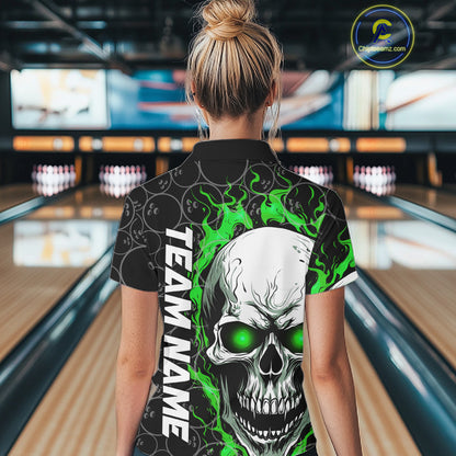 Personalized Skull Bowling Shirt For Women Custom Team'S Name Flame Bowler Jerseys |  Green IPHW5008