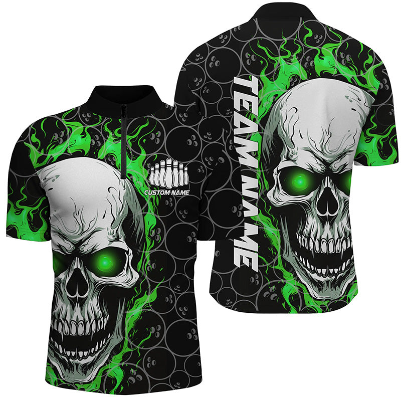 Personalized Skull Bowling Shirt For Men Custom Team'S Name Flame Bowler Jerseys |  Green IPHW5008