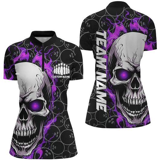 Personalized Skull Bowling Shirt For Women Custom Team'S Name Flame Bowler Jerseys | Purple IPHW5009