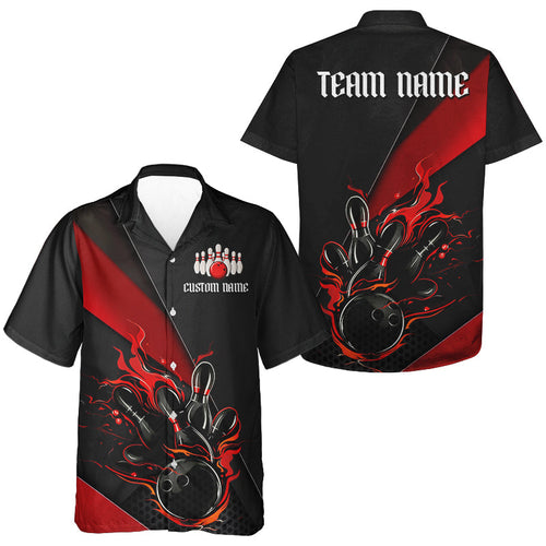 Red And Black Custom Flame Bowling Hawaiian Shirts For Kid, Bowling Team Shirts With Name IPHW6185
