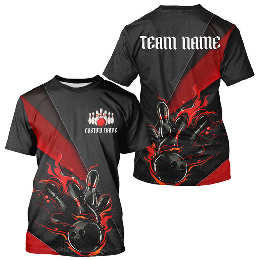Red And Black Custom Flame Bowling T-Shirts For Men, Bowling Team With Name IPHW6185