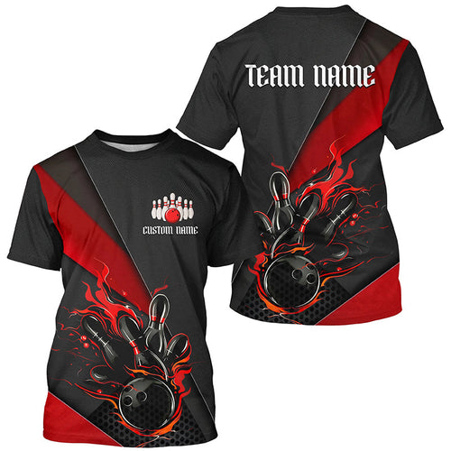 Red And Black Flame Bowling T Shirts For Men And Women, Custom Bowling Uniforms For Bowling Team Outfit Bowling IPHW6185