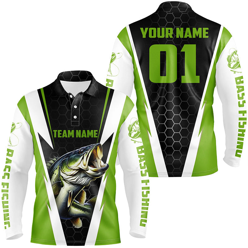 Custom Bass Fishing Jerseys, Bass Fishing Team Long Sleeve Polo Shirts | Green IPHW3743