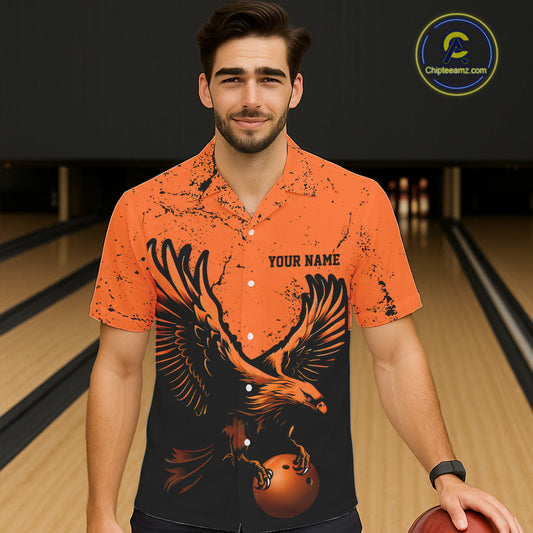Custom Orange Eagle Men Bowling Hawaiian Shirts Grunge Vintage Bowling Team Jerseys Bowlers Outfits IPHW5343