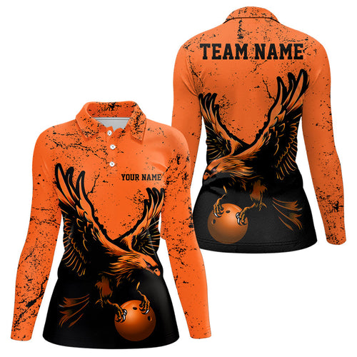 Custom Orange Eagle Women Bowling Long Sleeve Polo Shirt Grunge Vintage Bowling Team Jersey IPHW5343
