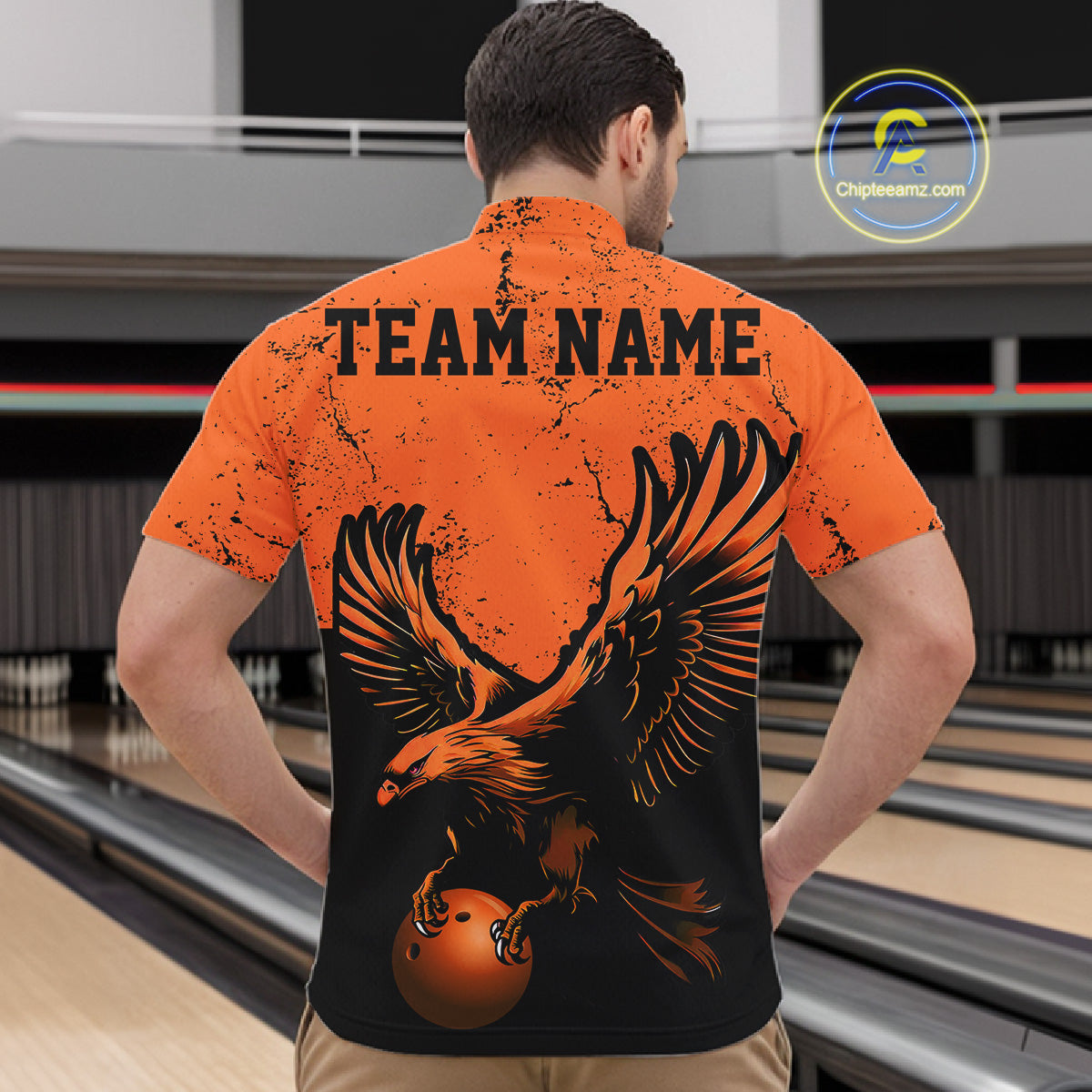 Custom Orange Eagle Men Bowling Quarter Zip Shirts Grunge Vintage Bowling Team Jerseys Outfits IPHW5343