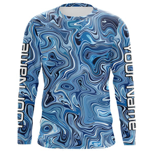 Turquoise Blue Camo Custom Long Sleeve Performance Fishing Shirts, Blue Camouflage Fishing Jerseys IPHW5974