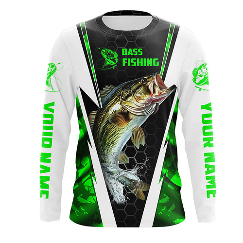 Personalized Bass Fishing Sport Jerseys, Bass Fishing Long Sleeve Tournament Shirts | Green Camo IPHW4403