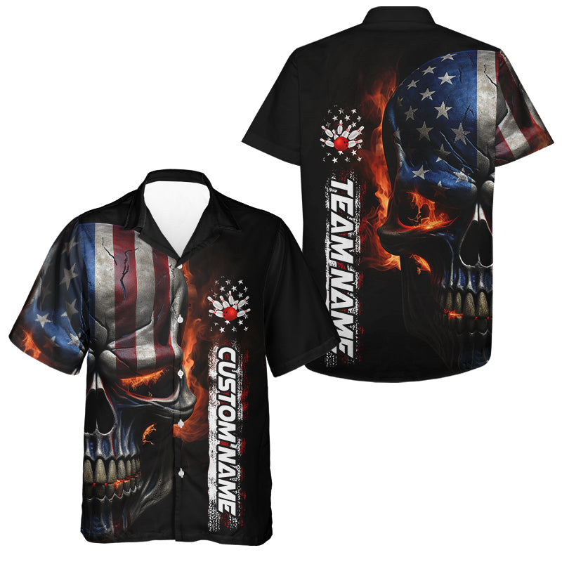 Flame Skull American Flag Custom Team Bowling Men And Women Hawaiian Shirt, Patriotic Bowling Jerseys IPHW5177