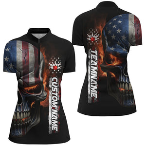 Flame Skull American Flag Custom Women's Team Bowling Shirts, Patriotic Bowling Shirt  IPHW5177