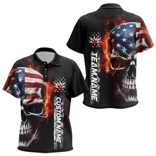 Flame Skull American Flag Custom Team Bowling Polo Shirts For Kid, Patriotic Bowling Jersey IPHW5179