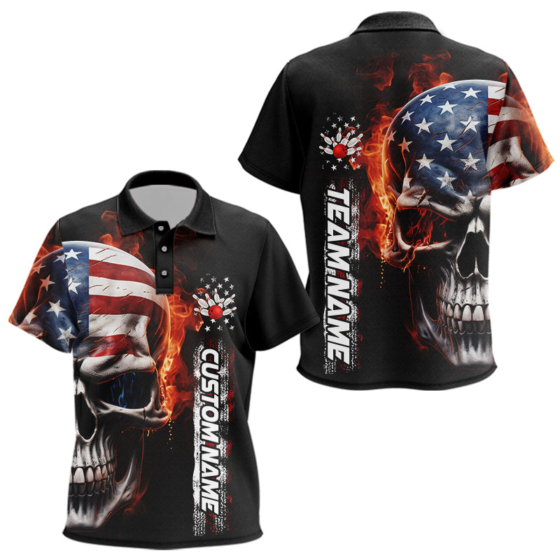 Flame Skull American Flag Custom Team Bowling Polo Shirts For Kid, Patriotic Bowling Jersey IPHW5179