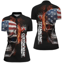 Load image into Gallery viewer, Flame Skull American Flag Custom Women's Team Bowling Shirts, Patriotic Bowling Shirt  IPHW5179