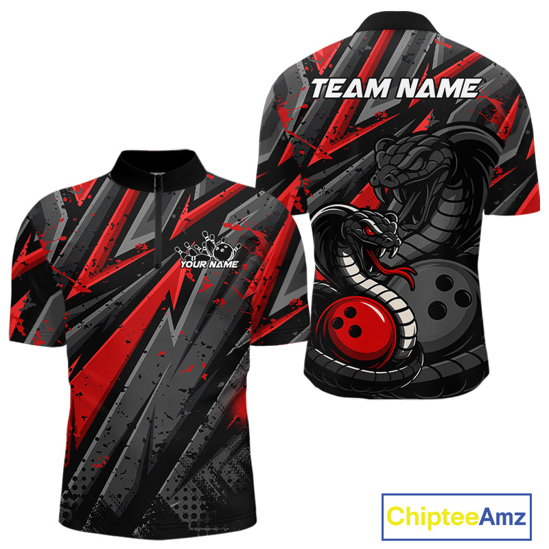 Custom Grunge Black And Red Cobra Snake Bowling Men Quarter-Zip Shirts With Team Name For Bowlers IPHW9027