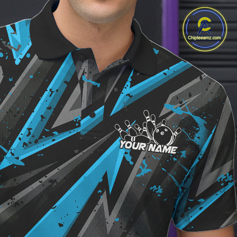 Custom Grunge Black And Blue Cobra Snake Bowling Men Polo Shirts With Team Name For Bowlers IPHW9029