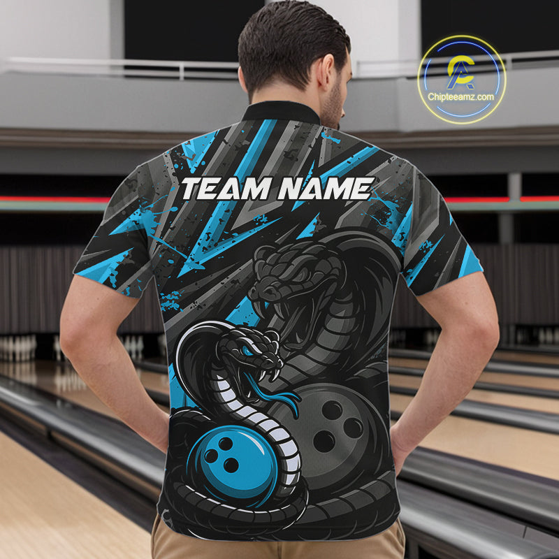 Custom Grunge Black And Blue Cobra Snake Bowling Men Quarter-Zip Shirt With Team Name For Bowlers IPHW9029