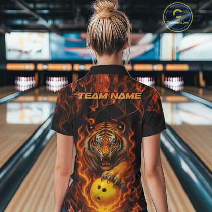 Custom Fire Flame Tiger Bowling Team Polo Shirts For Women, Tournament Bowling Outfit IPHW9037