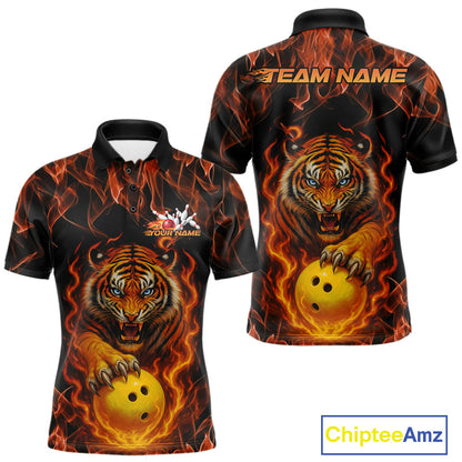 Custom Fire Flame Tiger Bowling Team Polo Shirts For Men, Tournament Bowling Outfit IPHW9037