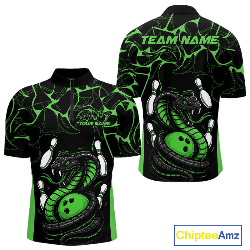 Custom Black And Green Cobra Snake Bowling Jerseys, Bowling Team Men Quarter-Zip Shirts IPHW9039