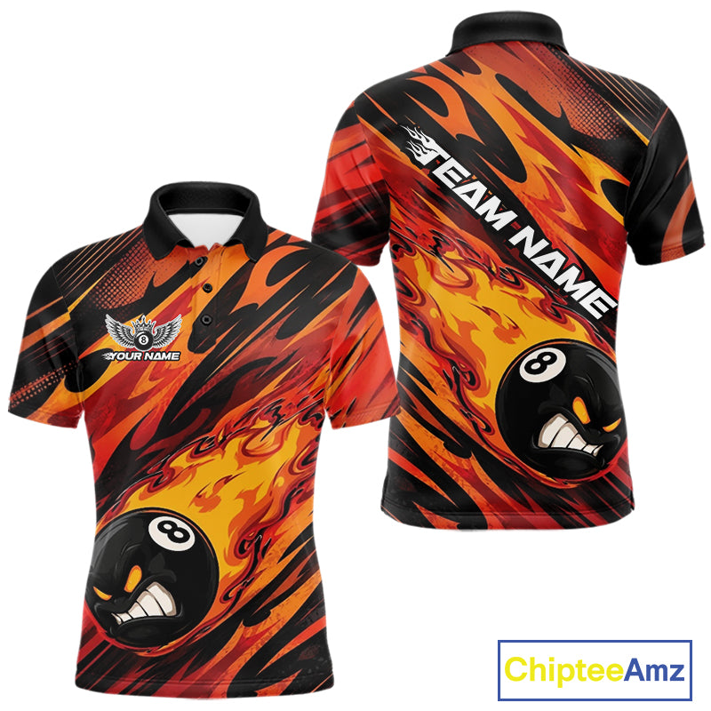 Custom Red Orange Billiards Jersey Featuring Angry Flame 8 Ball Pool Men Polo Shirt IPHW11777