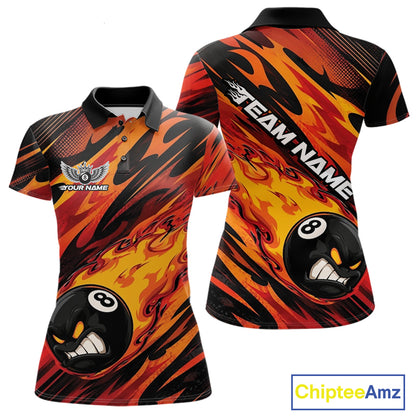 Custom Red Orange Billiards Jersey Featuring Angry Flame 8 Ball Pool Women Polo Shirt IPHW11777