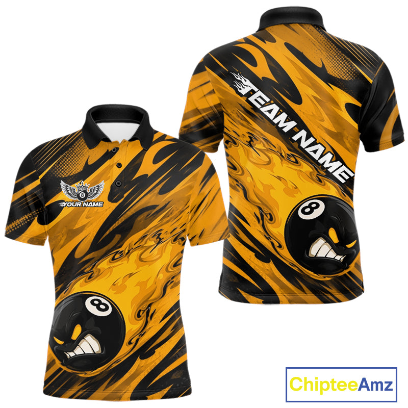 Custom Yellow Billiards Jersey Featuring Angry Flame 8 Ball Pool Men Polo Shirt IPHW11778