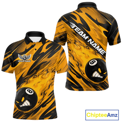 Custom Yellow Billiards Jersey Featuring Angry Flame 8 Ball Pool Men Polo Shirt IPHW11778