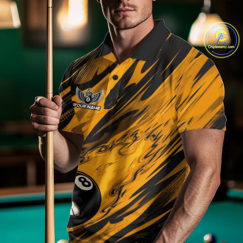Custom Yellow Billiards Jersey Featuring Angry Flame 8 Ball Pool Men Polo Shirt IPHW11778