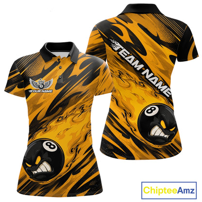 Custom Yellow Billiards Jersey Featuring Angry Flame 8 Ball Pool Women Polo Shirt IPHW11778
