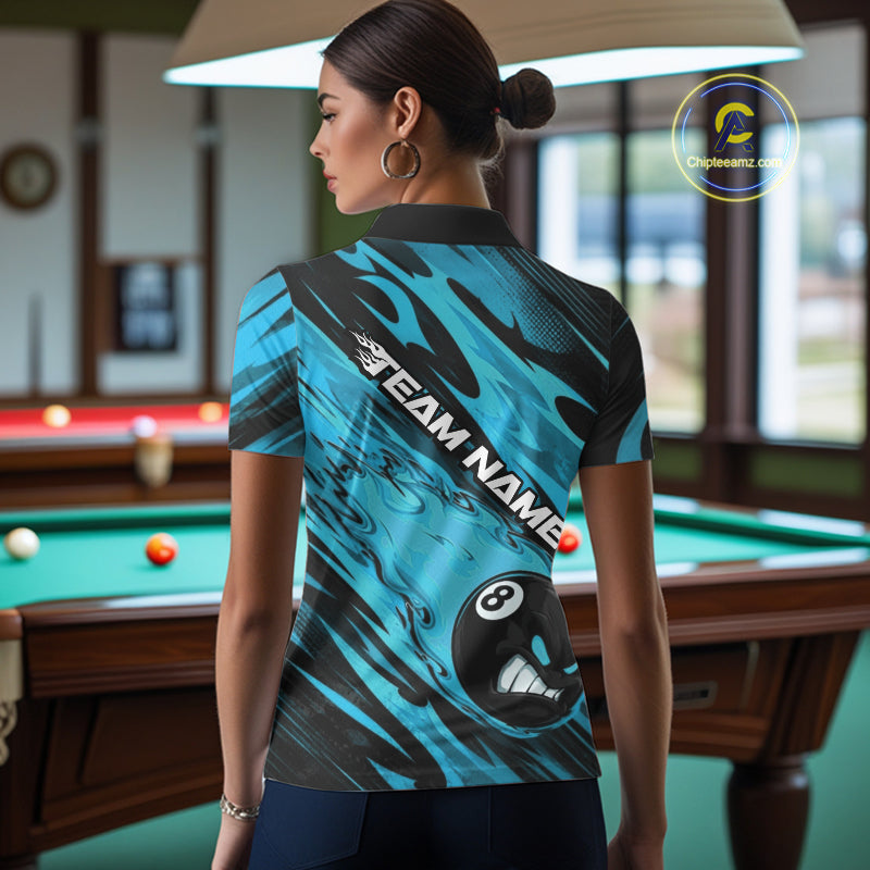 Custom Blue Billiards Jersey Featuring Angry Flame 8 Ball Pool Women Polo Shirt IPHW11779