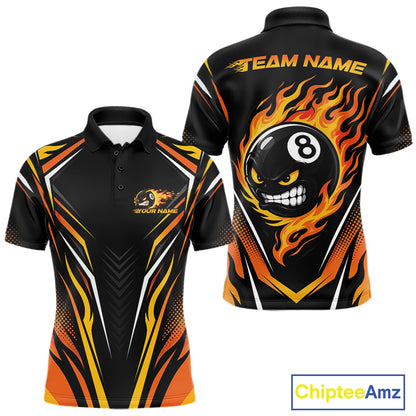 Custom Black And Orange Flame Angry 8 Ball Billiards Jerseys Polo Shirt For Men IPHW11780