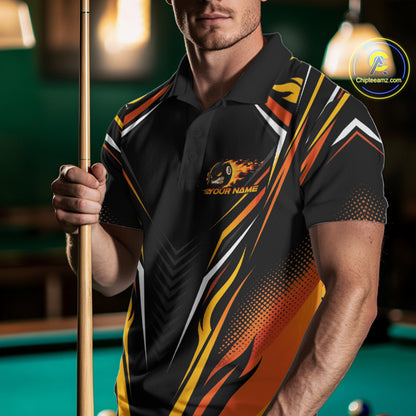 Custom Black And Orange Flame Angry 8 Ball Billiards Jerseys Polo Shirt For Men IPHW11780
