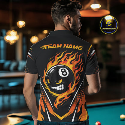 Custom Black And Orange Flame Angry 8 Ball Billiards Jerseys Polo Shirt For Men IPHW11780