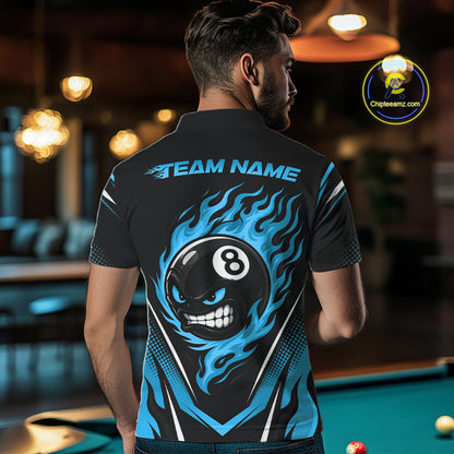 Custom Black And Blue Flame Angry 8 Ball Billiards Jerseys Polo Shirt For Men IPHW11781