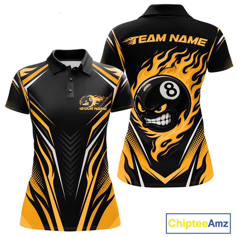 Custom Black And Yellow Flame Angry 8 Ball Billiards Jerseys Polo Shirt For Women IPHW11783