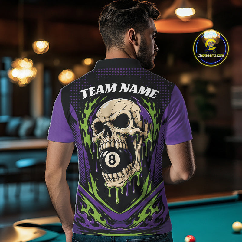 Custom Green And Purple Dripping Skull 8 Ball Halloween Billiards Men Polo Shirt IPHW11785