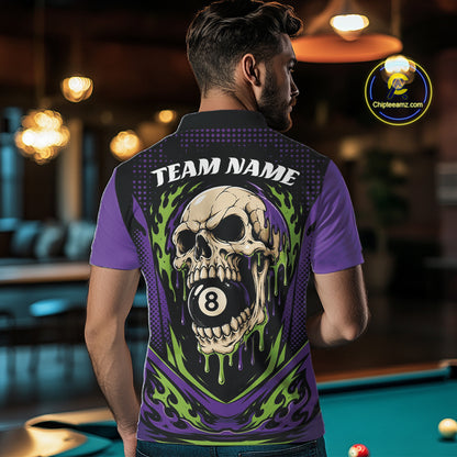Custom Green And Purple Dripping Skull 8 Ball Halloween Billiards Men Polo Shirt IPHW11785