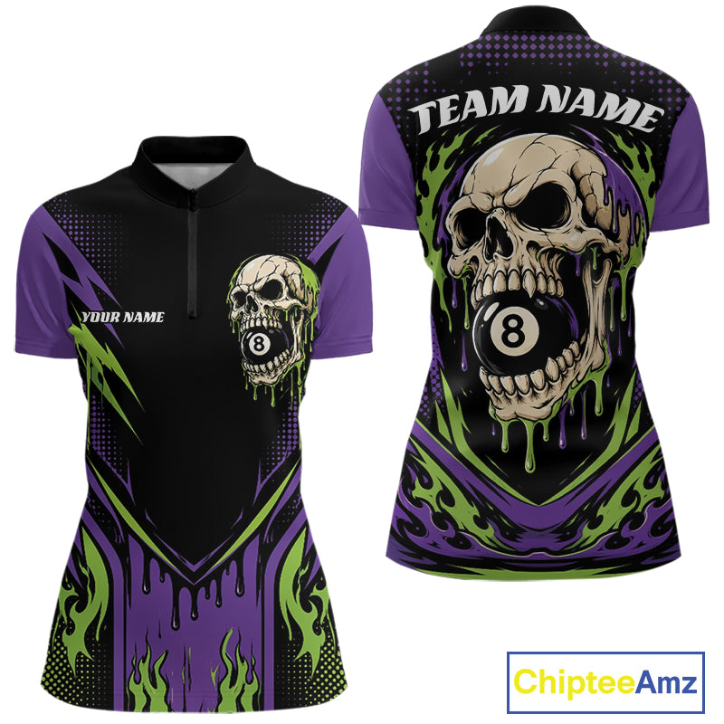 Custom Green Purple Dripping Skull 8 Ball Halloween Billiards Women Quarter-Zip Shirt IPHW11785