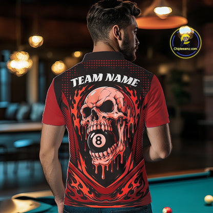 Custom Red Dripping Skull 8 Ball Halloween Billiards Men Polo Shirt, Pool Shirt IPHW11787