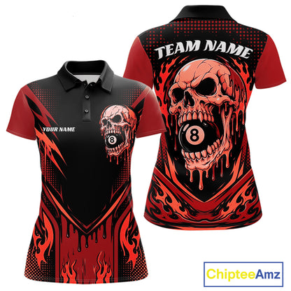 Custom Red Dripping Skull 8 Ball Halloween Billiards Women Polo Shirt, Pool Shirt IPHW11787