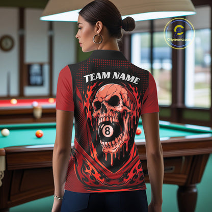 Custom Red Dripping Skull 8 Ball Halloween Billiards Women Polo Shirt, Pool Shirt IPHW11787