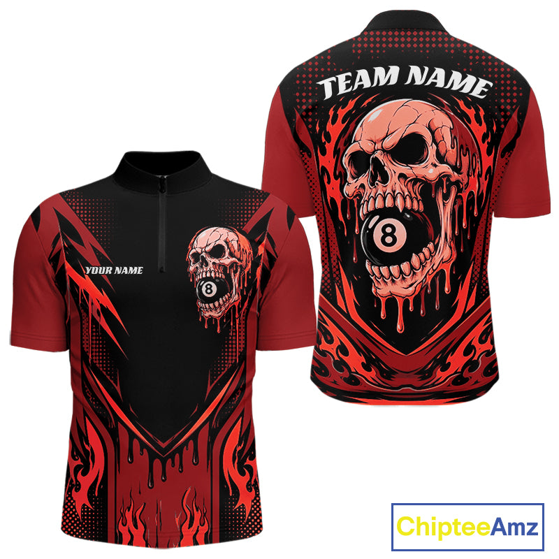 Custom Red Dripping Skull 8 Ball Halloween Billiards Men Quarter Zip Shirt, Pool Shirt IPHW11787