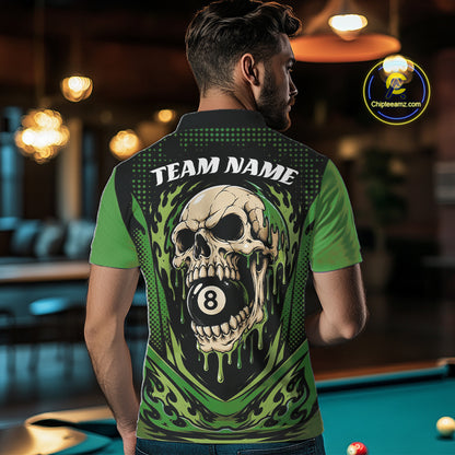 Custom Green Dripping Skull 8 Ball Halloween Billiards Men Polo Shirt, Pool Shirt IPHW11788