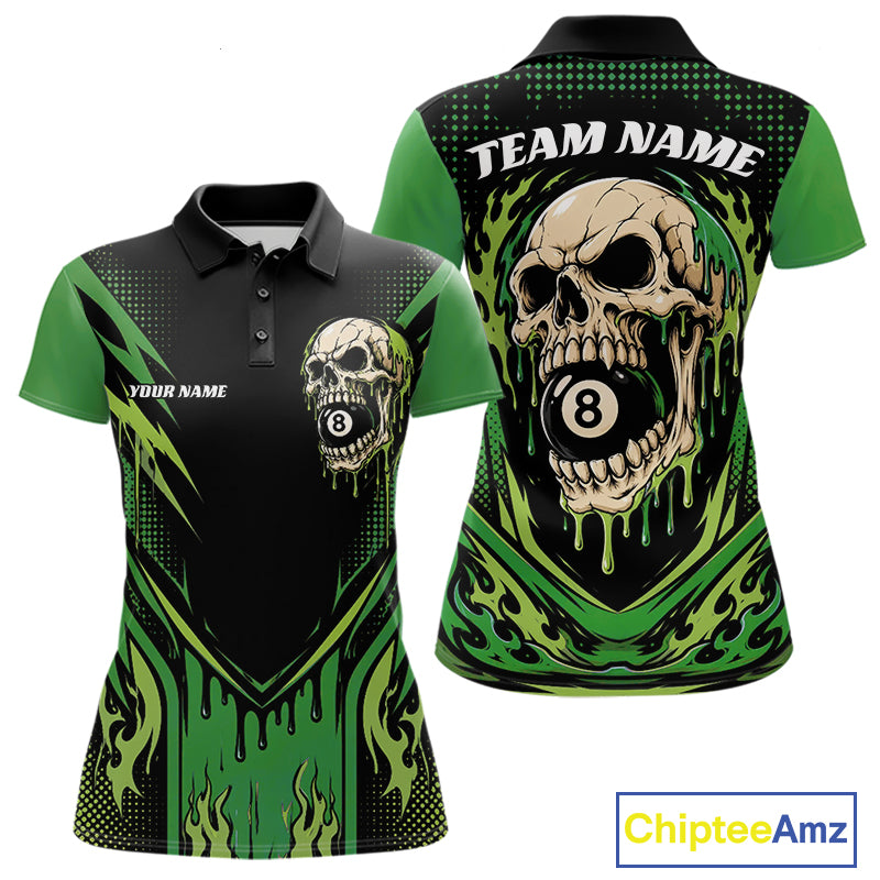 Custom Green Dripping Skull 8 Ball Halloween Billiards Women Polo Shirt, Pool Shirt IPHW11788