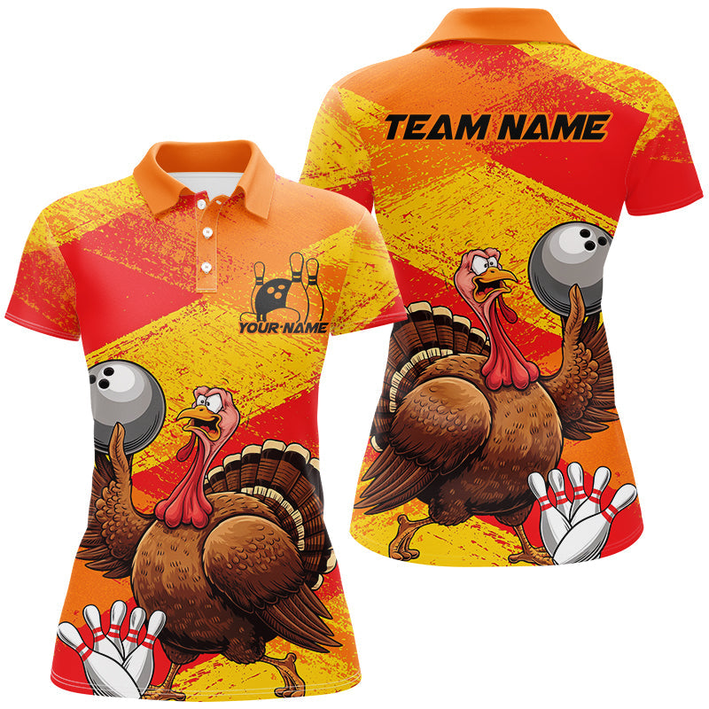 Orange And Yellow Custom Funny Turkey Ladies Bowling Shirts, Thanksgiving Bowling Outfits IPHW7882