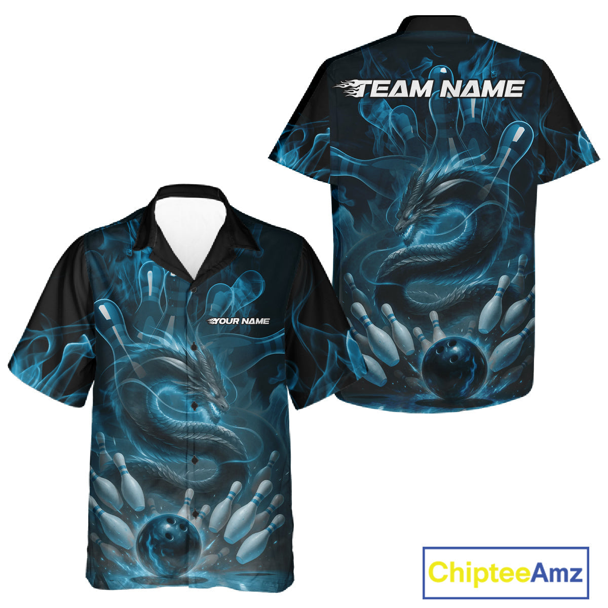 Custom Blue Flame Dragon Bowling Men And Women Hawaiian Shirts, Dragon Bowling League Shirt IPHW10224